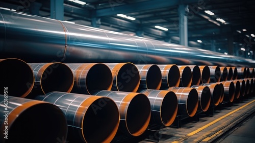 Steel pipes in warehouse at manufacturer factory.