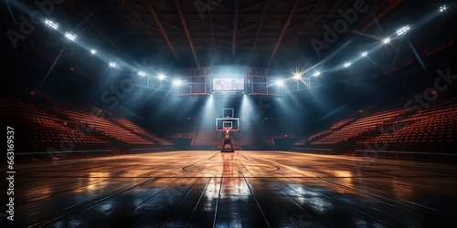 Empty basketball arena, stadium, sports ground with flashlights and fan sits © Coosh448