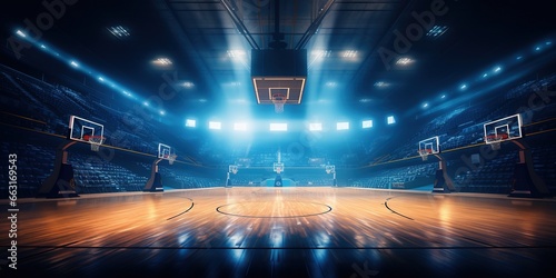 Empty basketball arena, stadium, sports ground with flashlights and fan sits © Coosh448