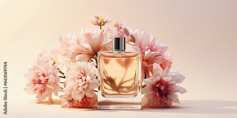 Empty perfume bottle mockup on light background with different flowers for cosmetic branding. Empty perfume bottle mockup on light background with different flowers for cosmetic branding.