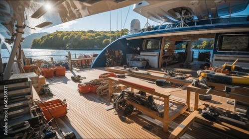 Super yacht decking workshop with tools in foreground. © visoot