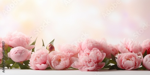 Flower banner. Tender, romantic flower composition with beautiful bouquet of peonies on a white background with copy space. Soft focus style image, banner size