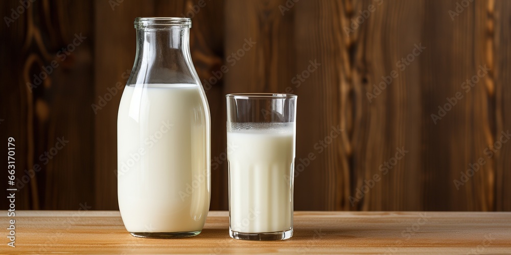 Glass of milk and a bottle of milk side by side. Glass of milk and a bottle of milk side by side.