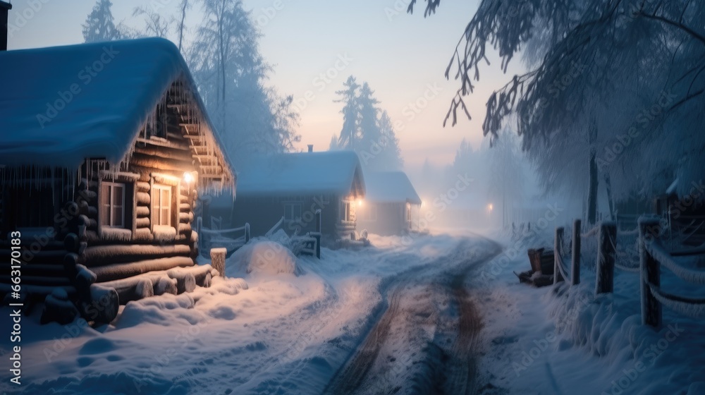 The cozy cabins of a foggy winter village.