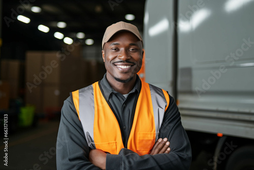 Delivery, container and happy truck driver moving industry cargo and freight at a shipping supply chain or warehouse, Smile, industrial and black man ready to transport ecommerce trade goods © alisaaa