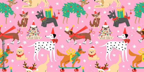 Seamless pattern with Cute cartoon dogs wearing different Christmas outfits.  Hand drawn vector illustration. Funny xmas background. © Radiocat