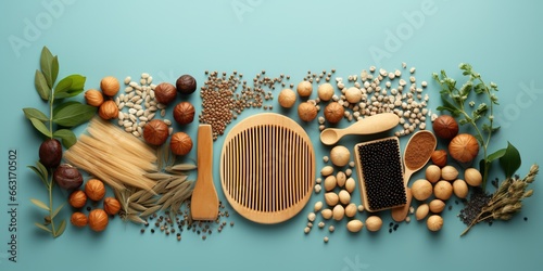 Hair care banner with wooden combs, ingredients for mask for hair, vitamins for health hair, natural oils and accessories on a blue background. Natural beauty products for hair photo