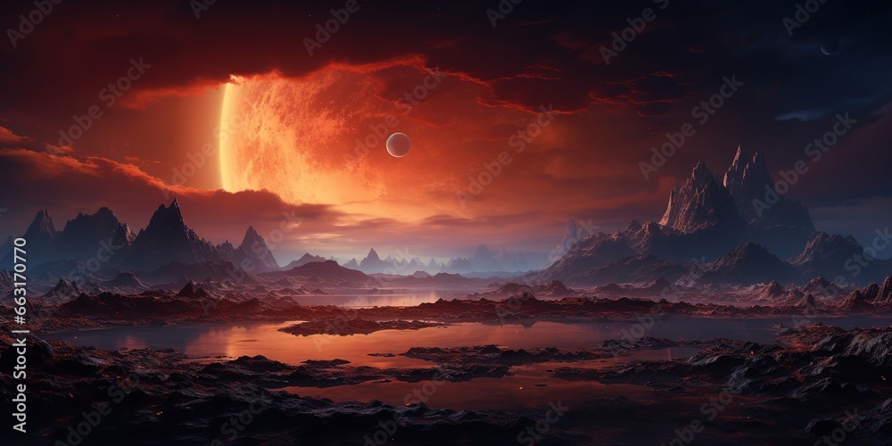 Landscape of an alien planet, view of another planet surface, science fiction background. Landscape of an alien planet, view of another planet surface, science fiction background.