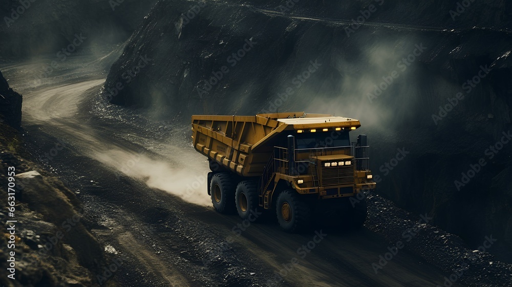 Dump truck at a coal mining quarry. - obrazy, fototapety, plakaty 