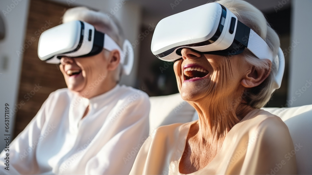 Virtual reality, Two Senior woman in Virtual Reality Experience.