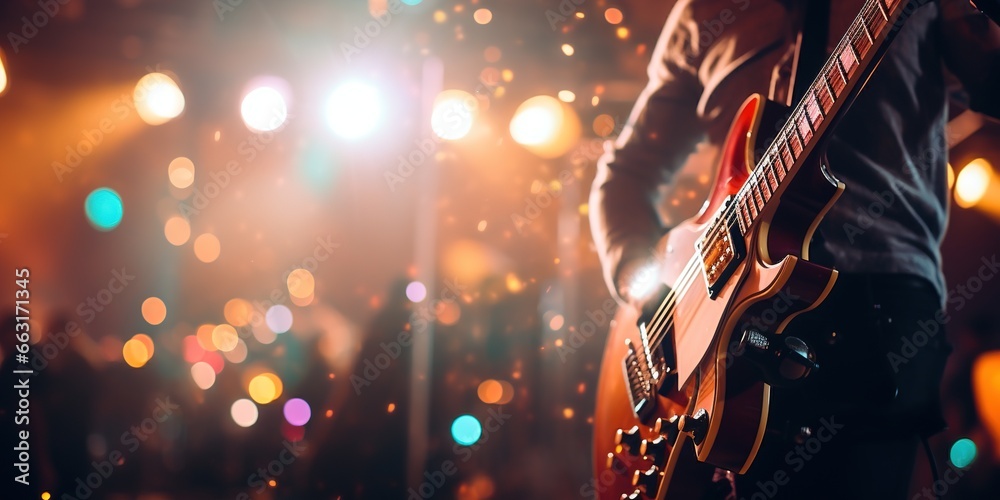 Music holiday composition with close up electronic guitar on blurred concert background with bokeh effect. - obrazy, fototapety, plakaty 