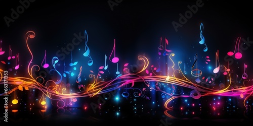 Musical notes in neon style on a dark background.