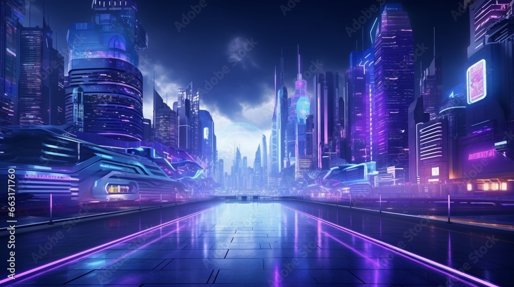 Photorealistic 3d illustration of the futuristic city in the style of cyberpunk. Empty street with neon lights. Beautiful night cityscape. 