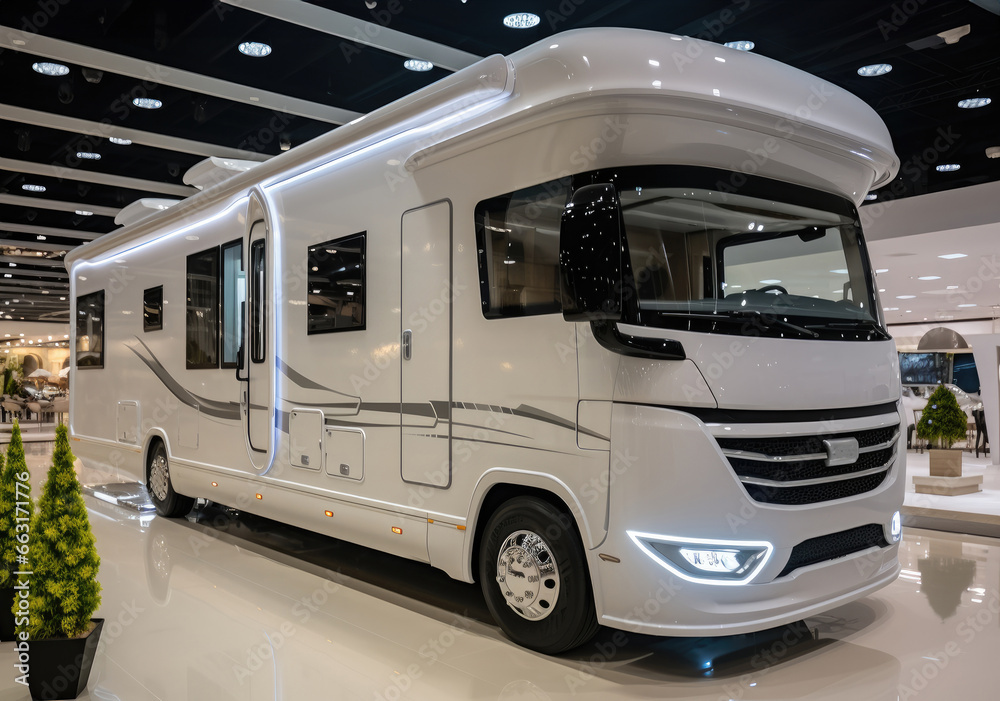 Naklejka premium Camper van motorhome in dealership showroom.