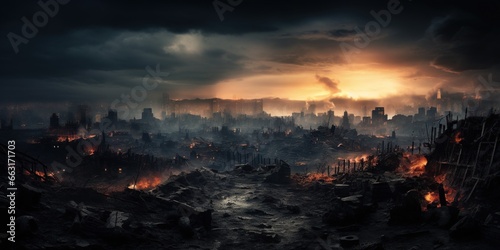 Panoramic view to the destroyed city after the war. Dramatic scene of the Bombed out, burning and fuming city. Human suffering and war. Ruined, deserted city after war with dark clouds