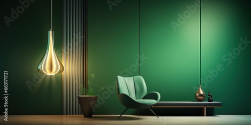 Pendant light hotel mockup, white glass wall, lamp, house interior design, and bathroom. generative ai. a simplistic and stylish loungeroom, warm green color, photorealistic photo