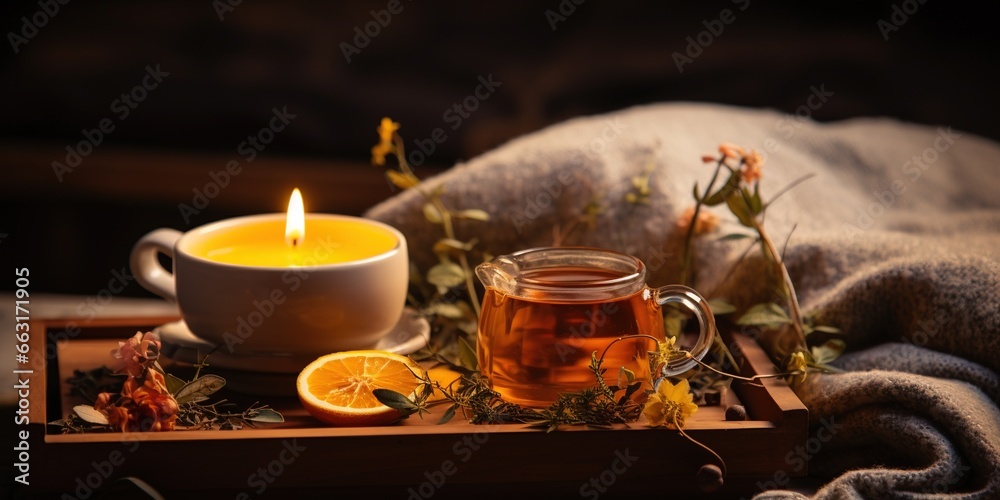 Relax at home. Cup of herbal tea, aroma candle, sticks, lavender flowers, dry oranges and natural oils on wooden tray with copy space. Insomnia or depression treatment.
