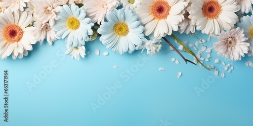 Romantic, flower banner with bouquet of gerberas and gypsophila on a light blue background with copy space.