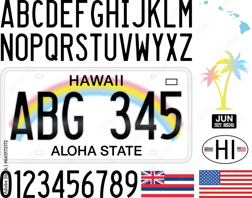 Hawaii US State car license plate, letters, numbers and symbols, vector illustration, USA