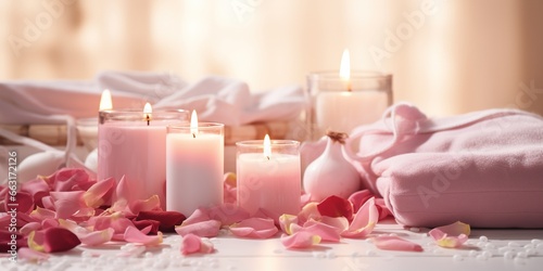 Spa relax composition with bath beauty products, cosmetics and candles on a white table with rose petals. Wellness and skin care treatment.