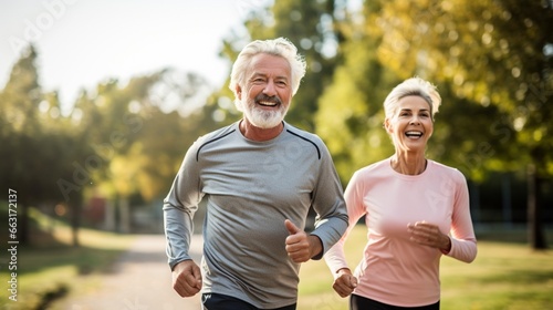 Smiling senior active couple jogging together in the park. 