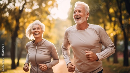 Smiling senior active couple jogging together in the park. 