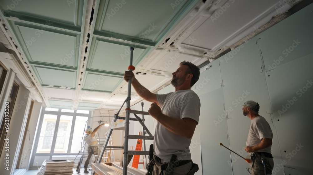 Workers fitting panel into frame of ceiling at home under construction.