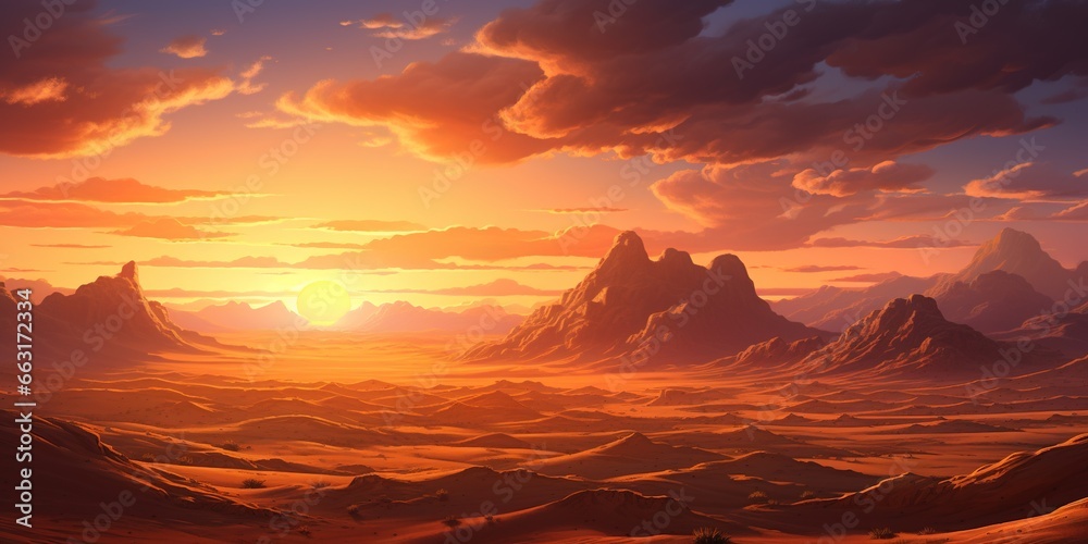The sun is setting over a desert with sand dunes and mountains in the distance, with a few clouds in the sky, and the sun setting over the horizon.