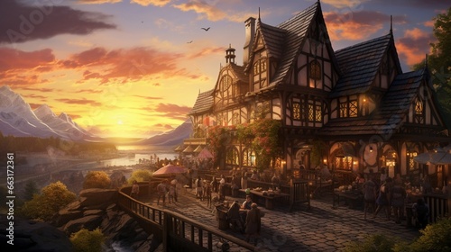 the big medieval fantasy tavern in a town with beautiful sunset sky scenery.