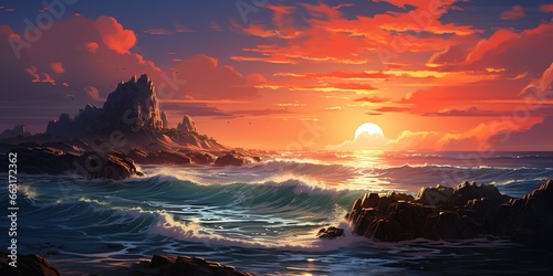 The sun is setting over the ocean with rocks in the foreground.