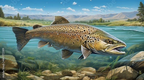 Trout in the pool at the fish farm, illustration, Fish, fishing, animal, aquaculture, pisciculture and mariculture. 