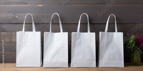 Three Cotton eco bags set, fabric white bag with handle for shopping. Mockup of blank canvas packets, textile reusable ecobags isolated. photo