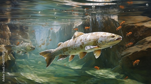 Trout in the pool at the fish farm, illustration, Fish, fishing, animal, aquaculture, pisciculture and mariculture AI Generated 