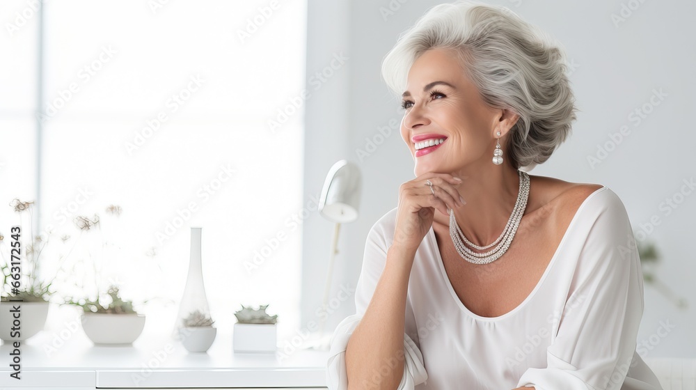 Mature Elegant Woman Trying on Jewelry in Bright Bedroom Mature Elegant Woman Trying on Jewelry in Bright Bedroom
