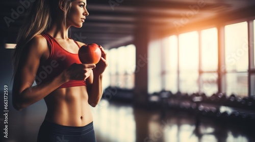 Woman exercise workout in gym fitness breaking relax holding apple fruit after training sport with dumbbell and protein shake bottle healthy lifestyle bodybuilding.  photo