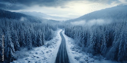 Windy and curvy road in snow covered forest landscape, top down aerial view.