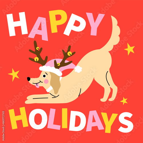 Happy Holidays. Cute cartoon golden retriever puppy with a pink hat and reindeer horns. Hand drawn vector illustration. Funny Christmas dog character card template.
