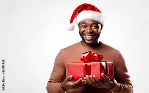 Smiling African man in santa claus hat holding gift box with gifts. Copy space. Christmas  New Year holiday concept.