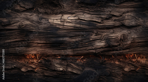Burned Wood closeup dark photo background - Burnt wooden board, black charcoal wood texture, burned coal barbecue background with copy space, top view - Ai