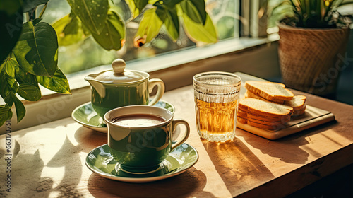 Vintage cups with tea and coffee, with toasts, in the green retro kitchen, sunny morning breakfast at home