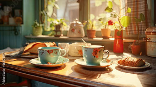 Vintage cups with tea and coffee, with toasts, in the green retro kitchen, sunny morning breakfast at home