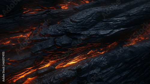 A burning rock - A lava with rock, Burned Wood closeup dark photo background - Burnt wooden board, black charcoal wood texture, burned coal barbecue background with copy space, top view - Ai