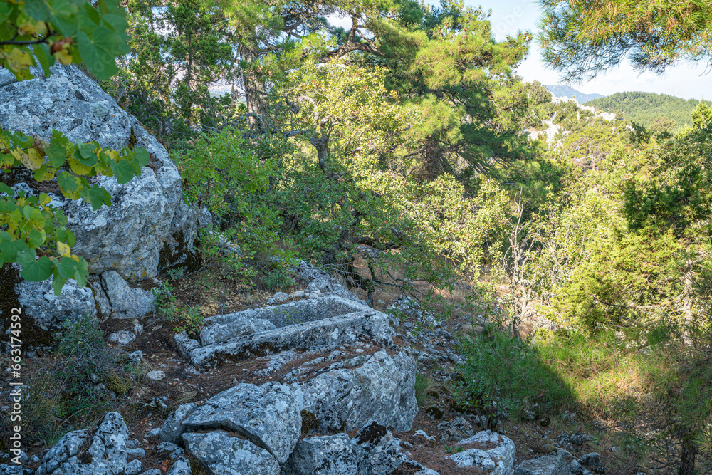 Scenic view of ancient city of Kelbessos which was a fortified settlement of ancient Lycia, in the territory of Termessos, Antalya, Türkiye Scenic view of ancient city of Kelbessos which was a fortified settlement of ancient Lycia, in the territory of Termessos, Antalya, Türkiye