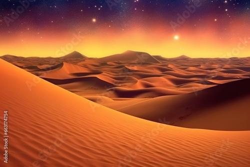A beautiful desert landscape with rolling sand dunes under a warm gradient starry sky at sunrise. Generative AI