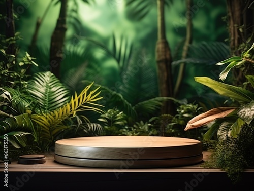 Wooden podium in tropical forest for product display  Generative AI