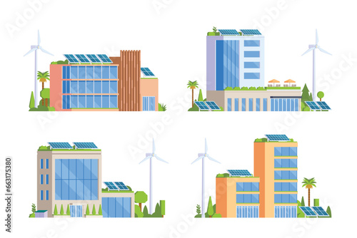 Green Powered Building Office Vector element illustration Eco Concept city illustration with a tree, solar panels, wind turbines and green spaces	

