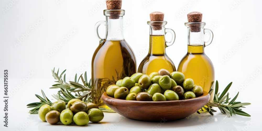 Isolated white background with premium olive oil bottle and tasty green olives, AI Generative Isolated white background with premium olive oil bottle and tasty green olives, AI Generative