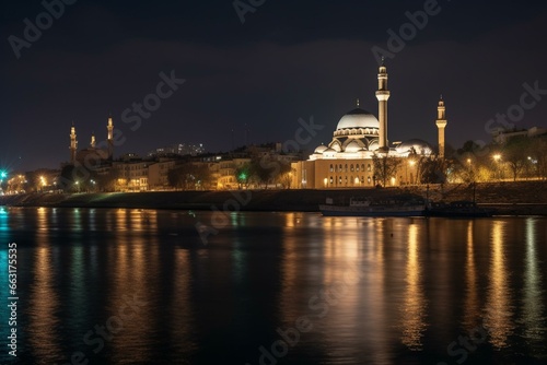 Night view of a mosque by the river. Generative AI