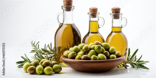 Isolated white background with premium olive oil bottle and tasty green olives, AI Generative