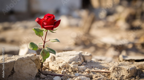 Red rose on the ruins of damaged house in Palestine